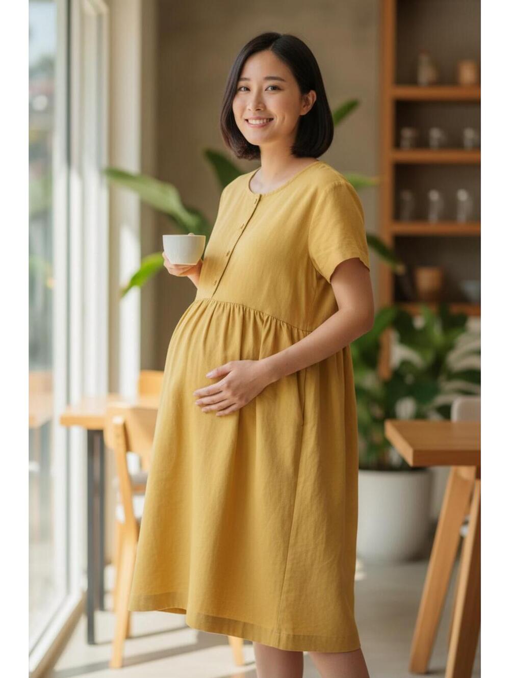 Veronique Delachaux Yellow Button-Front Maternity Midi‎ Dress Size 2